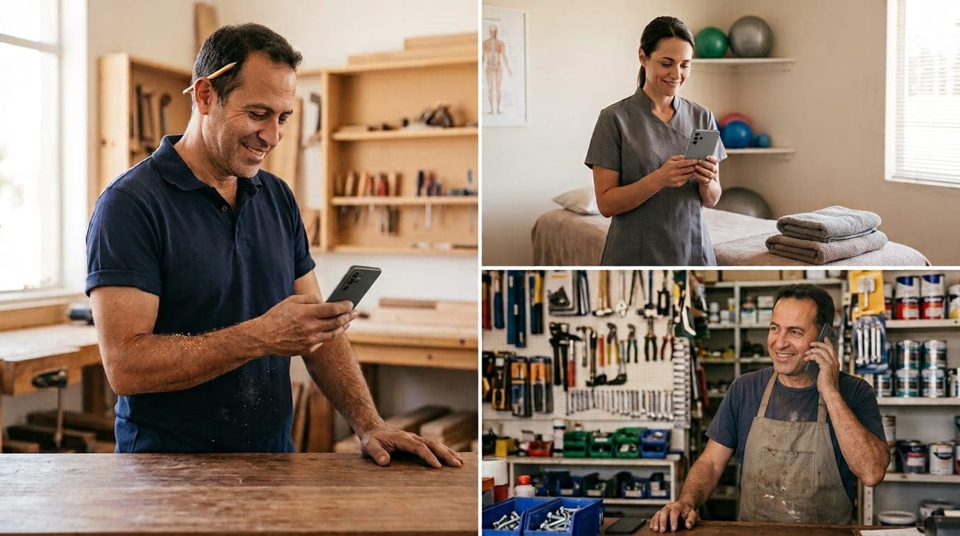 שלושה בעלי עסקים — נגר, מטפלת ובעל חנות חומרי בניין — קוראים פניות חדשות בטלפון. בניית אתרים ושיווק דיגיטלי של קארגראפט
